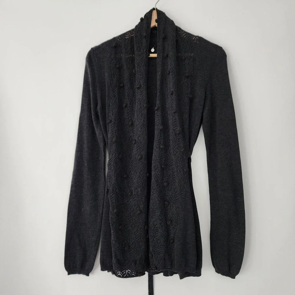 Knitted & Knotted Women's Gray Cardigan Sweater with Pom Poms Lace Detail Size S